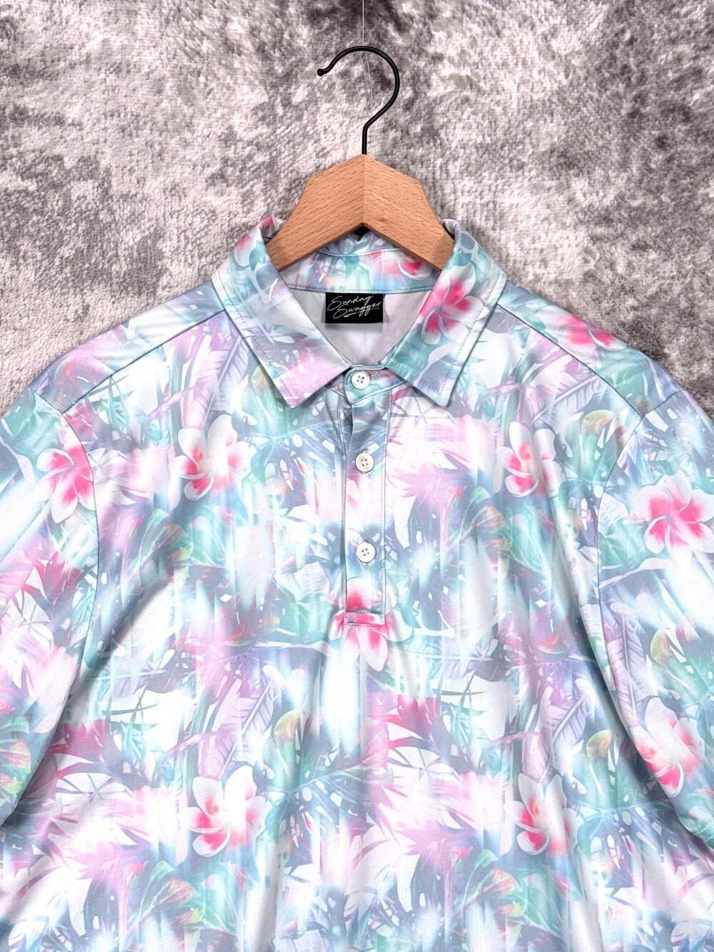 Sunday Swagger Polo Shirt Medium Mens Pastel Hawaiian Floral Short Sleeve